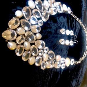 Necklace and Earrings Silver Quartz and Pearl Set